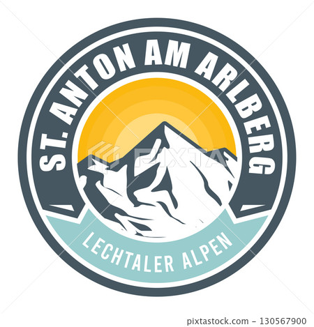 St Anton am Arlberg ski resort, Austria, Tyrolean Alps, emblem or label with snow-covered mountains, vector 130567900