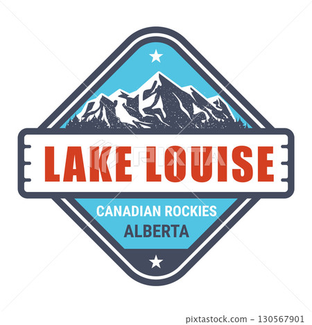 Lake Louise ski resort, Canada, Canadian Rockies, Alberta emblem with snow-covered mountains, vector Lake Louise ski resort, Canada, Canadian Rockies, Alberta emblem with snow-covered mountains, vector 130567901