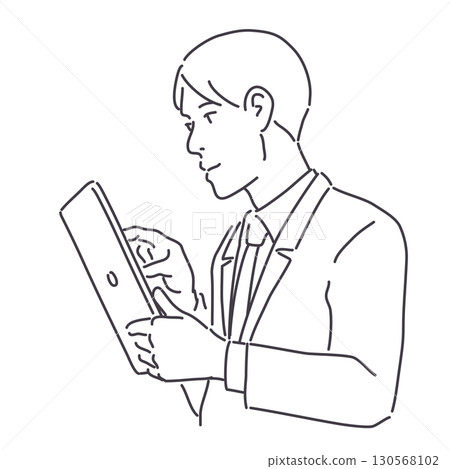 A man in a suit looking at a tablet - lines only 130568102