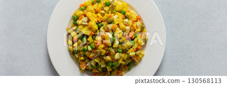 This dish features a vibrant salad composed of boiled eggs, tender chicken breast, diced potatoes, sweet carrots, and fresh green peas, all topped with a drizzle of olive oil for flavor, banner This dish features a vibrant salad composed of boiled eggs, tender chicken breast, diced potatoes, sweet carrots, and fresh green peas, all topped with a drizzle of olive oil for flavor, banner 130568113
