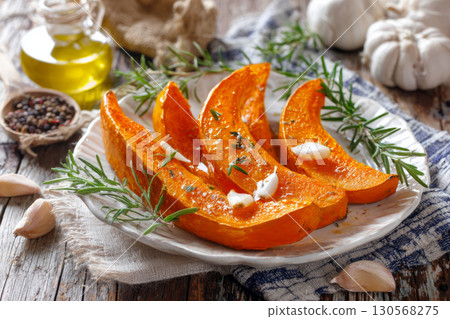 Freshly roasted pumpkin wedges are seasoned with herbs and garlic. The warm colors evoke the cozy atmosphere of fall gatherings and seasonal meals 130568275