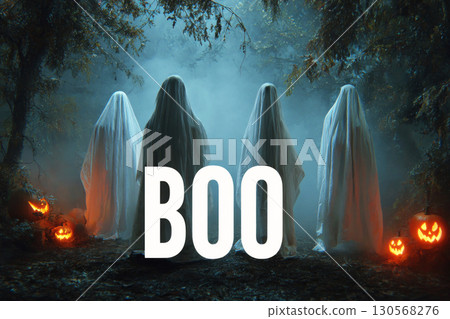 Floating figures in white costumes stand among fog-covered trees with glowing jack-o-lanterns nearby, capturing the spirit of Halloween in an autumn forest setting, boo 130568276
