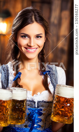 A young woman in traditional attire holds four large beer steins while smiling warmly, embodying the joyful spirit of Oktoberfest during the vibrant autumn season A young woman in traditional attire holds four large beer steins while smiling warmly, embodying the joyful spirit of Oktoberfest during the vibrant autumn season 130568277