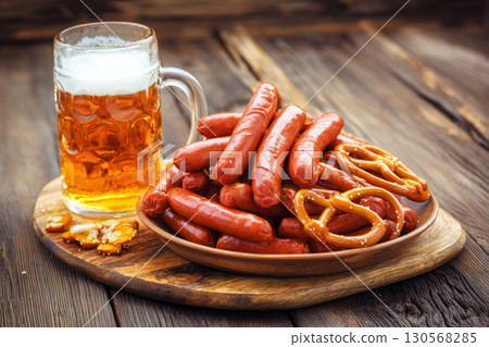 Savoring delicious sausages and freshly baked pretzels alongside a cold beer during Oktoberfest in a rustic autumn atmosphere, surrounded by warm wooden decor Savoring delicious sausages and freshly baked pretzels alongside a cold beer during Oktoberfest in a rustic autumn atmosphere, surrounded by warm wooden decor 130568285