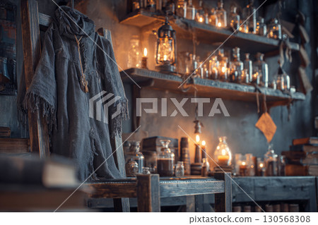 A witch costume hangs gracefully on a wooden chair, surrounded by autumn-themed items and softly glowing candles in a rustic, Halloween-decorated room, creating an inviting atmosphere 130568308