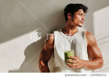 After an intense workout session, a man relaxes while sipping on a refreshing matcha drink, enjoying the benefits of hydration and nutrition 130568332