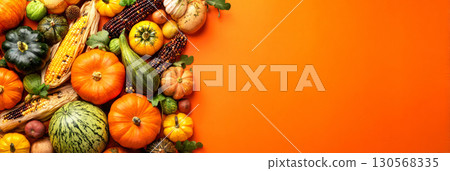 A bright assortment of pumpkins and gourds of various shapes and colors fills the space, celebrating the harvest season and evoking the charm of autumn festivities 130568335