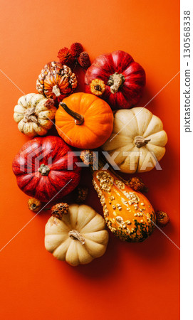 Various pumpkins and gourds in rich autumn colors are artistically arranged on a bright orange surface, showcasing the beauty of the fall harvest season and adding a warm seasonal touch 130568338