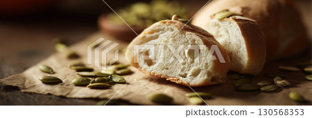 Homemade bread enriched with pumpkin seeds, ideal for autumn gatherings. The warm, flavorful loaf invites cozy moments and delicious meals during the fall season, banner 130568353