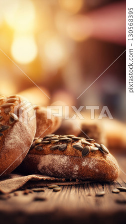 A freshly baked loaf of homemade bread is adorned with crunchy pumpkin seeds, embodying the flavors of autumn in a cozy kitchen setting 130568395