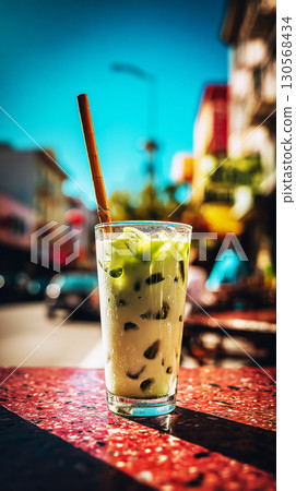 A refreshing matcha drink sits in a glass with a straw on a bright table, surrounded by a lively street scene filled with colors and activity under clear blue skies 130568434