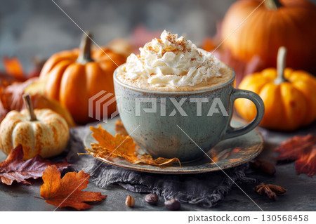 A delightful pumpkin spice latte topped with whipped cream sits on a floral cup, surrounded by vibrant autumn leaves and decorative pumpkins, evoking a warm fall atmosphere 130568458