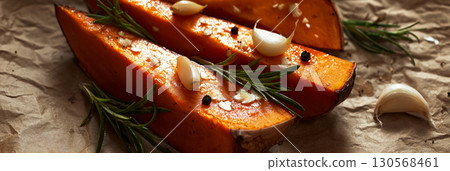 Pumpkin wedges are roasted to a golden brown and sprinkled with herbs and garlic, showcasing the warmth and flavors of autumn in a cozy setting perfect for fall gatherings, banner Pumpkin wedges are roasted to a golden brown and sprinkled with herbs and garlic, showcasing the warmth and flavors of autumn in a cozy setting perfect for fall gatherings, banner 130568461
