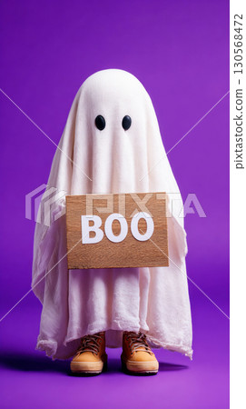 A playful ghost is captured standing against a purple backdrop. It holds a wooden sign displaying the word boo, creating a festive and fun Halloween atmosphere during the fall season A playful ghost is captured standing against a purple backdrop. It holds a wooden sign displaying the word boo, creating a festive and fun Halloween atmosphere during the fall season 130568472