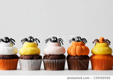 Colorful spider cupcakes adorned with playful decorations create a festive atmosphere for Halloween. Perfect for autumn parties, these treats charm guests of all ages 130568560