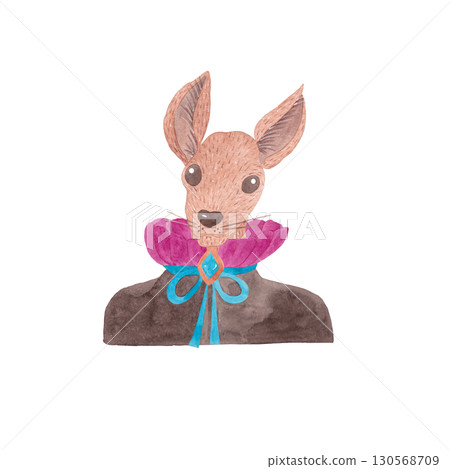 Portrait of a deer in a dark brown shirt with a lush pink jabot. Watercolor illustration of an animal in fancy clothes for children's product design 130568709