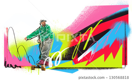 Bold colorful collage. Confident man skateboarding in green hoodie with vivid graffiti background 130568818