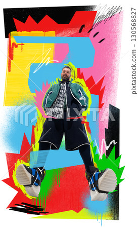 Creative digital artwork. Male model in green jacket with bold graphic background full of pop art energy Creative digital artwork. Male model in green jacket with bold graphic background full of pop art energy 130568827
