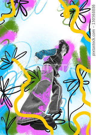 Creative collage. Fashion model in oversized jeans and colorful artistic background with bold emotion 130568886