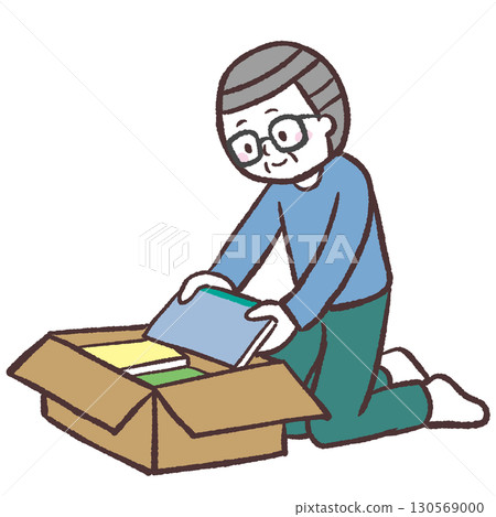 Illustration of a senior man putting things away in a box Illustration of a senior man putting things away in a box 130569000