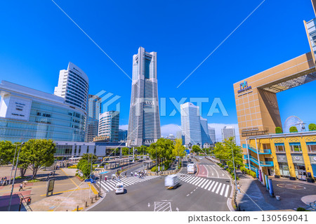 Yokohama cityscape, Japan, September 8. View of Yokohama Landmark Tower and Sakuragicho Station from Yokohama Air Cabin. 130569041