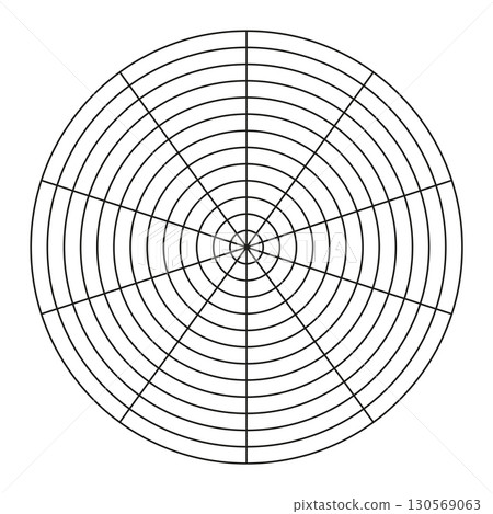 Wheel of life template. Simple coaching tool for visualizing all areas of life. Polar grid of 10 segments and 12 concentric circles. Blank polar graph paper. Circle diagram of life style balance.  130569063