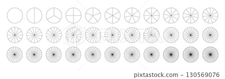 Pie, pizza chart template. Segmented charts from 1 to 33 segments. Many number of sectors divide the circle on equal parts. Outline black graphics. Segments round infographic. Diagram wheel parts. Pie, pizza chart template. Segmented charts from 1 to 33 segments. Many number of sectors divide the circle on equal parts. Outline black graphics. Segments round infographic. Diagram wheel parts. 130569076