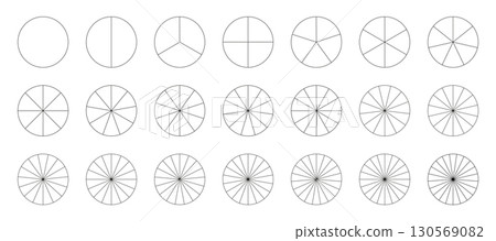Circular segmented charts. Pie chart template. Sectors divide the circle on equal parts. Outline black thin graphics. Set of pizza charts. Segments infographic. Diagram wheel parts. Coaching tool.  130569082