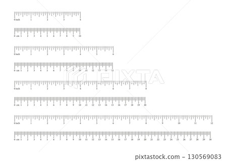 Set of scale, ruler with 10, 15, 20, 30 centimeter, 4, 6, 8, 12 inches with markup and numbers. Measuring charts of metric, imperial units. Distance, height, length measurement, sewing tool template. Set of scale, ruler with 10, 15, 20, 30 centimeter, 4, 6, 8, 12 inches with markup and numbers. Measuring charts of metric, imperial units. Distance, height, length measurement, sewing tool template. 130569083