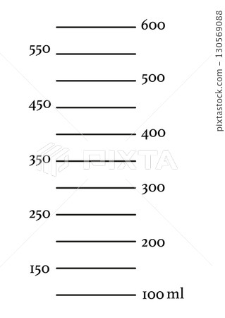 Scale 600 milliliters liquid volume for kitchen measuring cups or chemical experiments beaker in the laboratory. Vector illustration.  130569088