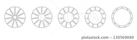 Wheels round divided in ten sections. Outline donut charts or pies segmented on 11 equal parts. Diagrams infographic set. Circle section graph line art. Pie chart icons. Geometric vector elements.  130569089