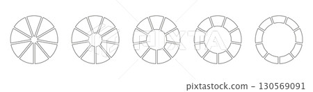 Wheels round divided in nine sections. Outline donut charts or pies segmented on 9 equal parts. Diagrams infographic set. Circle section graph line art. Pie chart icons. Geometric vector elements. Wheels round divided in nine sections. Outline donut charts or pies segmented on 9 equal parts. Diagrams infographic set. Circle section graph line art. Pie chart icons. Geometric vector elements. 130569091