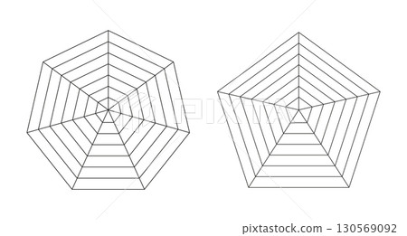 Pentagon, heptagon radar, spider diagram templates. Spider mesh icon. Polygon graph symbol. Diagram for statistic, analytic. Blank radar charts. Coaching tool. Grid with segments. Graphic illustration 130569092