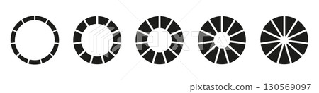Wheels round divided in eleven sections. Diagrams infographic set. Circle section graph. Pie chart icons. Donut charts or pies segmented on 11 equal parts. Geometric element. Vector illustration. Wheels round divided in eleven sections. Diagrams infographic set. Circle section graph. Pie chart icons. Donut charts or pies segmented on 11 equal parts. Geometric element. Vector illustration. 130569097