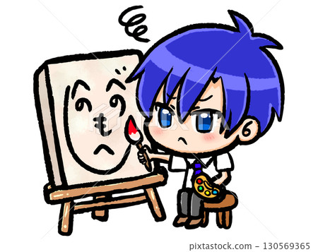 Illustration material of a chibi character boy drawing on a canvas 2 130569365