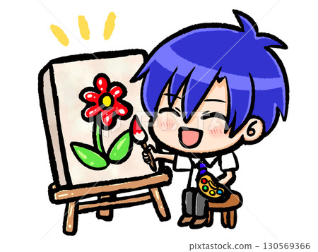 Illustration material of a chibi character boy drawing on a canvas 3 130569366