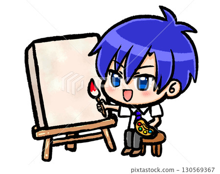 Illustration material 4 of a chibi character boy drawing on a canvas Illustration material 4 of a chibi character boy drawing on a canvas 130569367