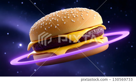 Cheeseburger spaceship floating through a cosmic landscape 130569733