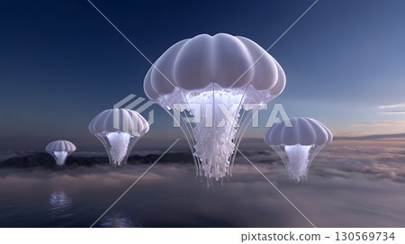 Ethereal jellyfish-shaped air balloons float over the ocean at sunset. 130569734