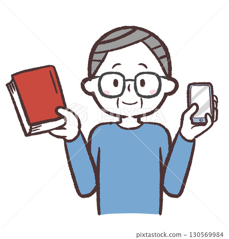 一位老人拿著一本書和智慧型手機的插圖 一位老人拿著一本書和智慧型手機的插圖 130569984
