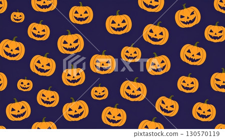 Spooky Halloween seamless pattern with orange pumpkin faces and evil decorations for a fun October celebration Spooky Halloween seamless pattern with orange pumpkin faces and evil decorations for a fun October celebration 130570119