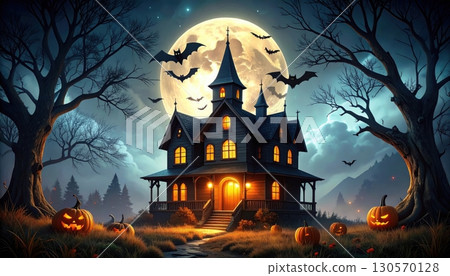 A spooky Halloween night illustration of a haunted house and black bats silhouetted against a full moon A spooky Halloween night illustration of a haunted house and black bats silhouetted against a full moon 130570128