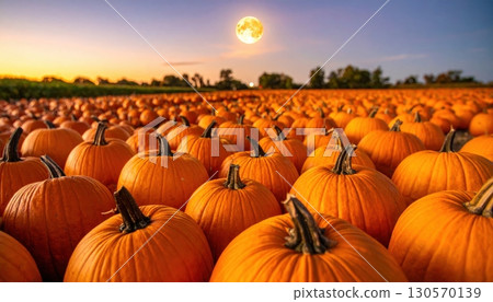 Pumpkins rest in a vibrant orange field during the autumn harvest season Pumpkins rest in a vibrant orange field during the autumn harvest season 130570139