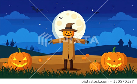 A spooky Halloween night illustration with a witch and bats silhouetted against an orange moon, flying over a haunted house and pumpkins 130570187