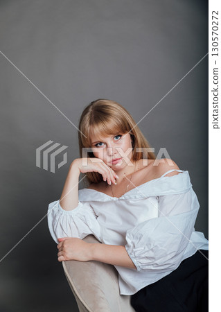 Beautiful Fashion Woman In White Shirt And Black Pants 130570272