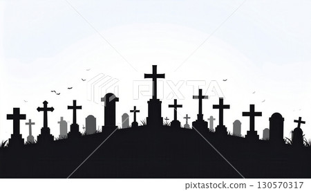 An urban cemetery silhouette with crosses against a vibrant city skyline at sunset 130570317
