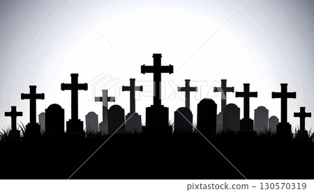 An urban cemetery silhouette with crosses against a vibrant city skyline at sunset 130570319