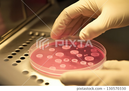 Gloved hands holding petri dish with bacterial culture 130570330