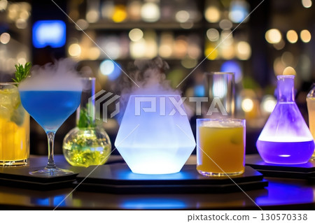 Futuristic cocktail display, molecular gastronomy elements 130570338