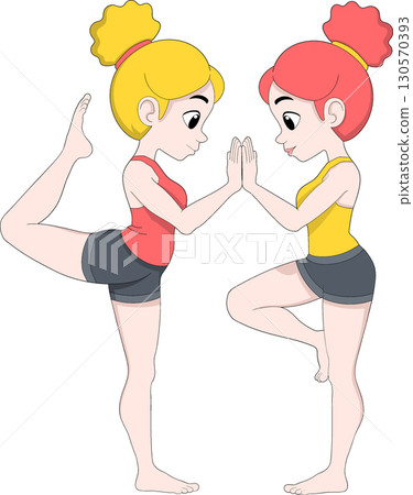Two Girls Practicing Partner Yoga Pose Illustration Two Girls Practicing Partner Yoga Pose Illustration 130570393